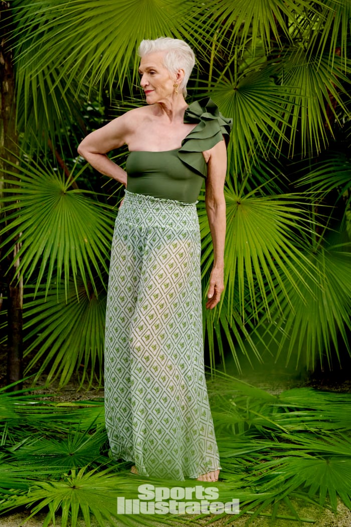 Maye Musk was photographed by Yu Tsai in Belize. Swimsuit by Maygel Coronel. Pants by Caroline Constas. Earrings by Cleopatra's Bling.